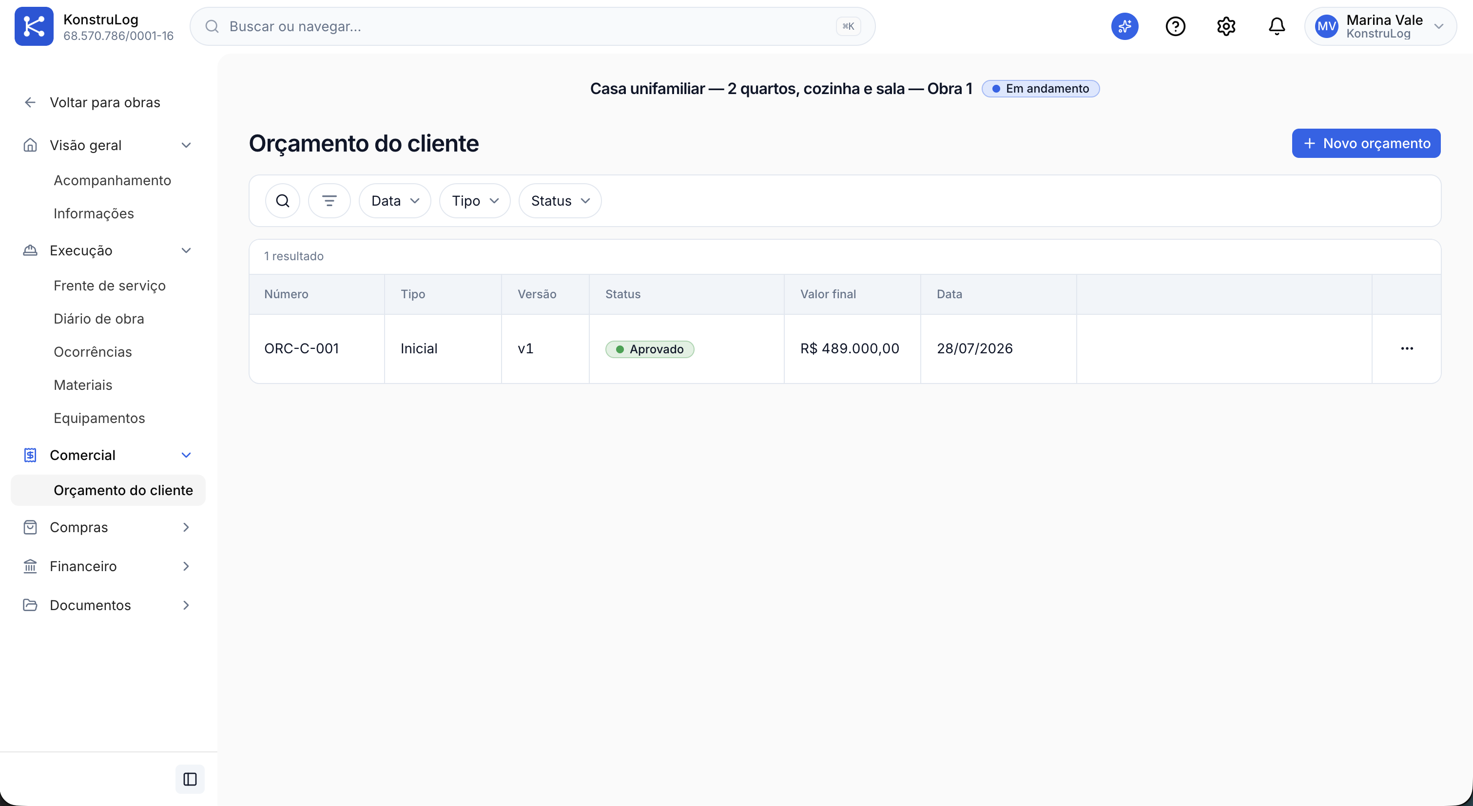 Lista de orçamentos do cliente no KonstruLog, com um orçamento aprovado