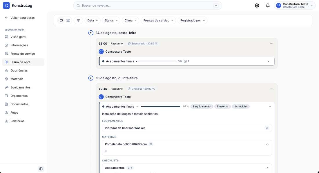 Diário de obra do KonstruLog com registros por data