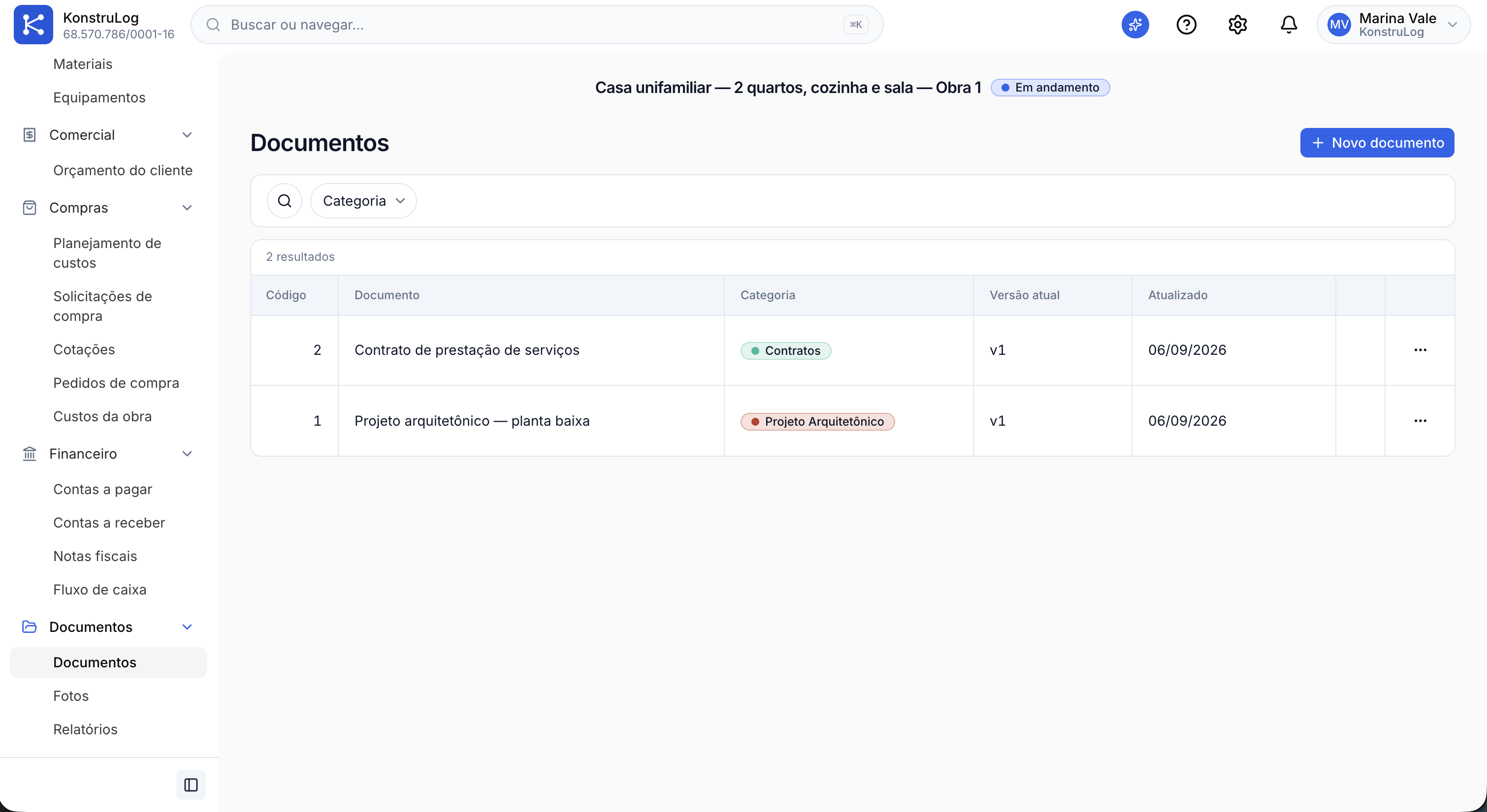 Lista de documentos da obra no KonstruLog, com categoria e versão