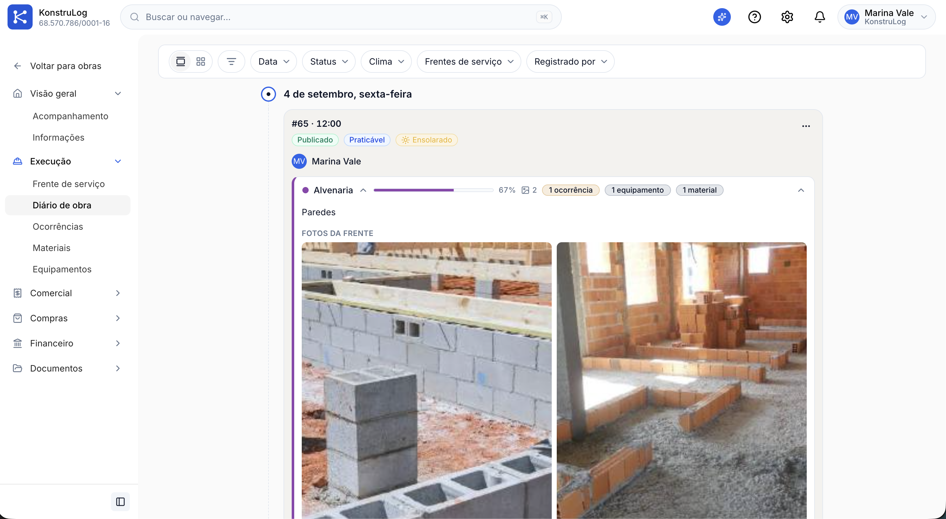 Diário de obra no KonstruLog com registro publicado, clima e fotos da frente de serviço