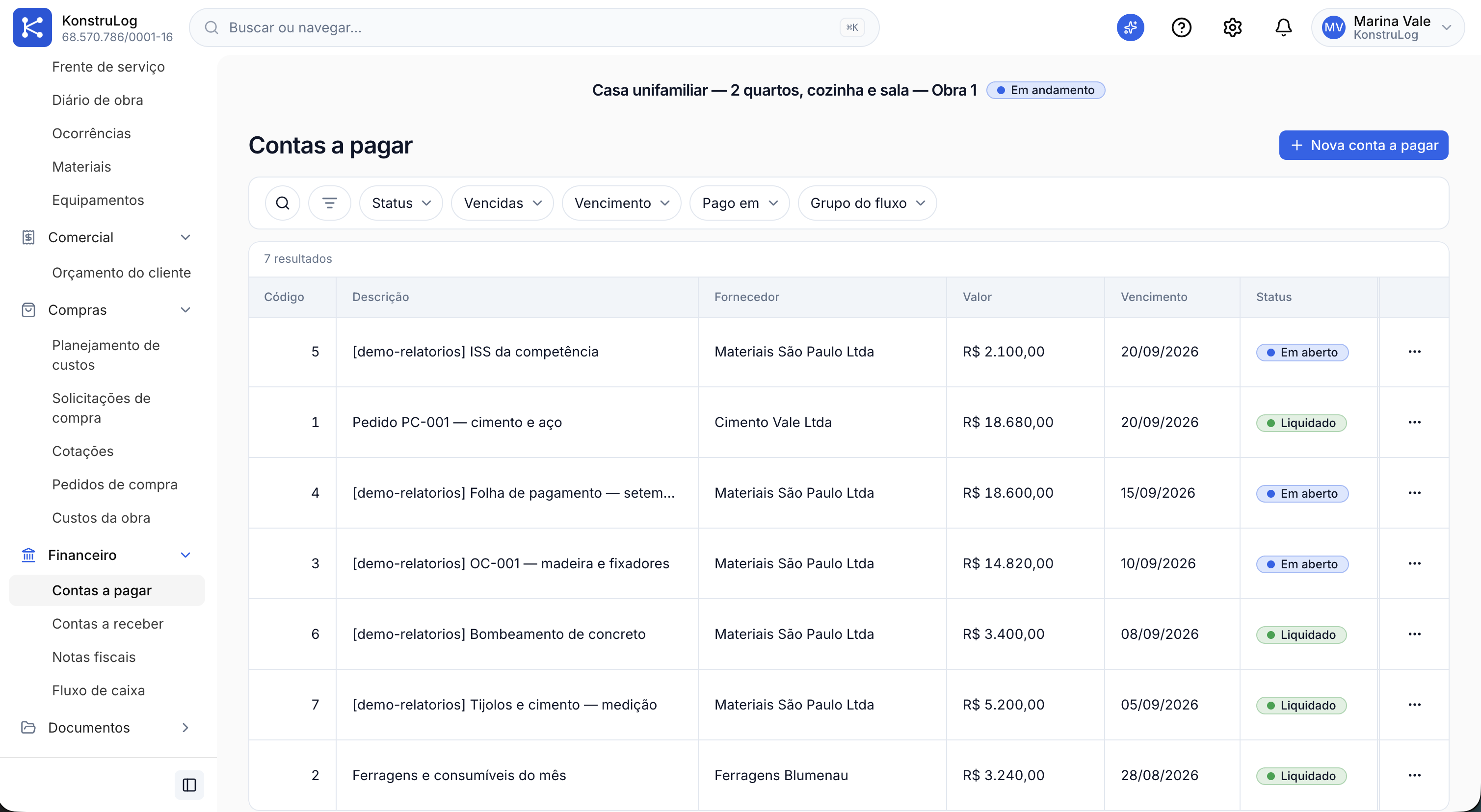Contas a pagar no KonstruLog com contas liquidadas