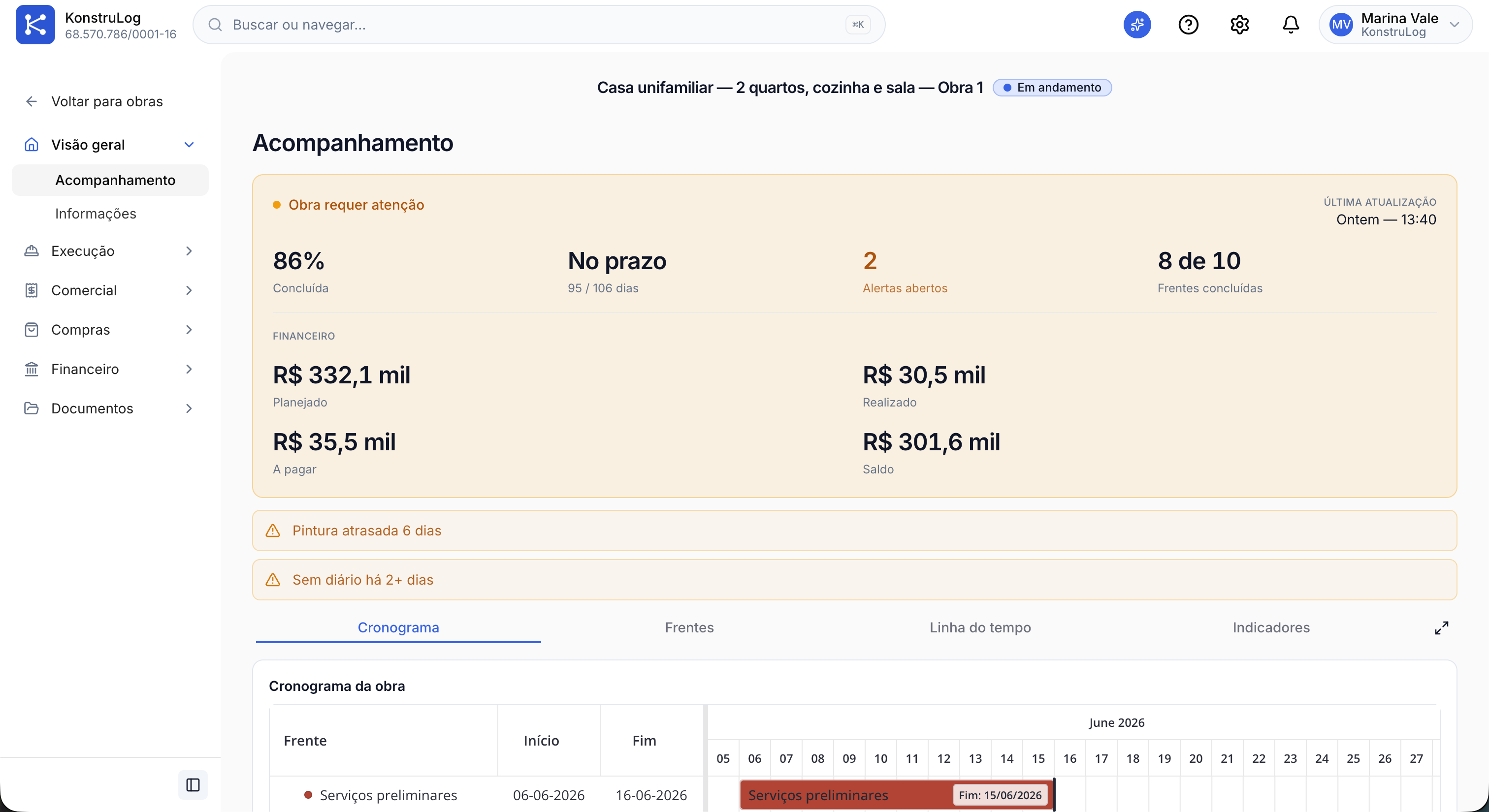 Acompanhamento da obra no KonstruLog com saúde da obra e cronograma em Gantt