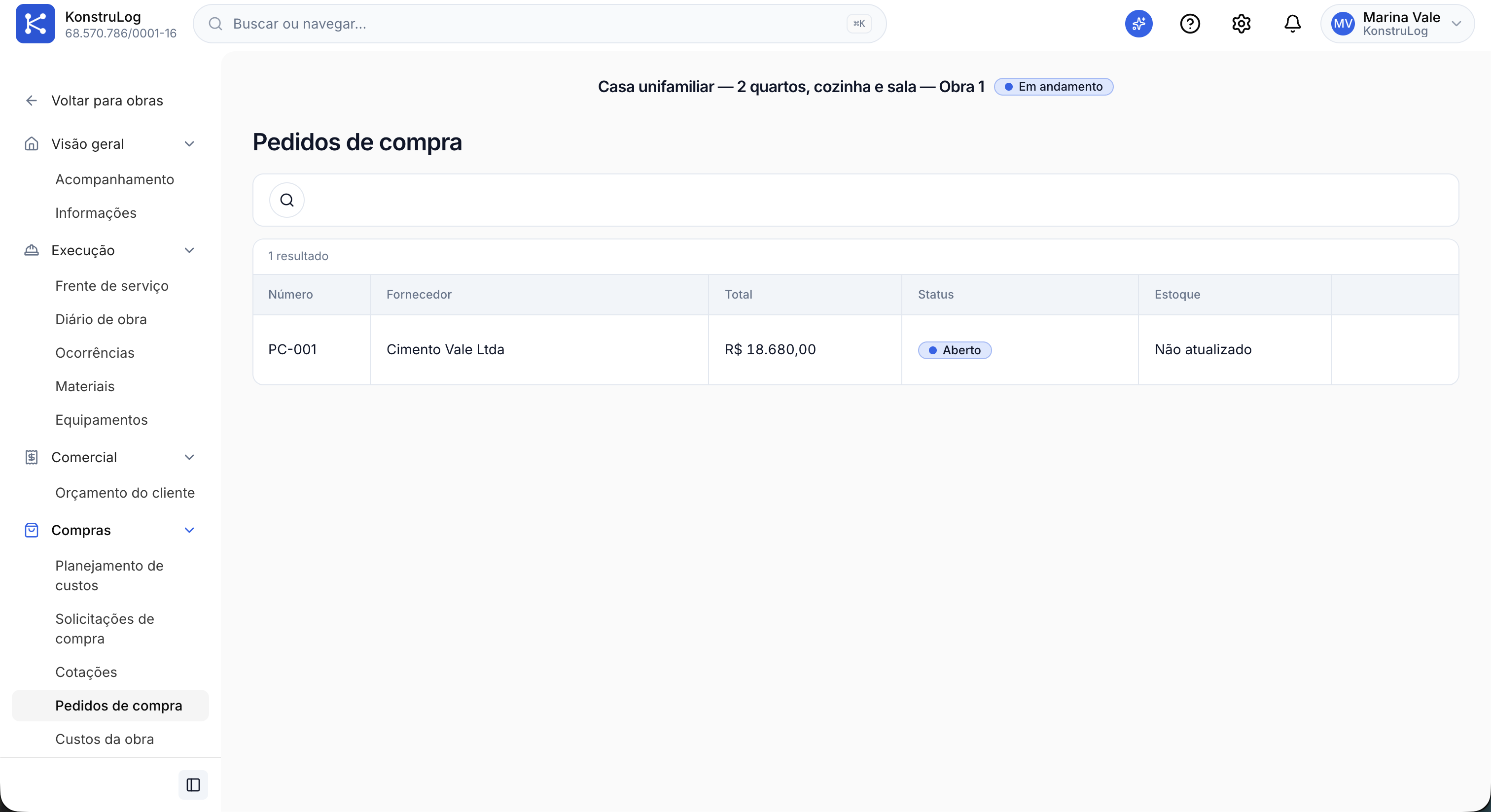 Pedidos de compra no KonstruLog com fornecedor, valor e status aberto