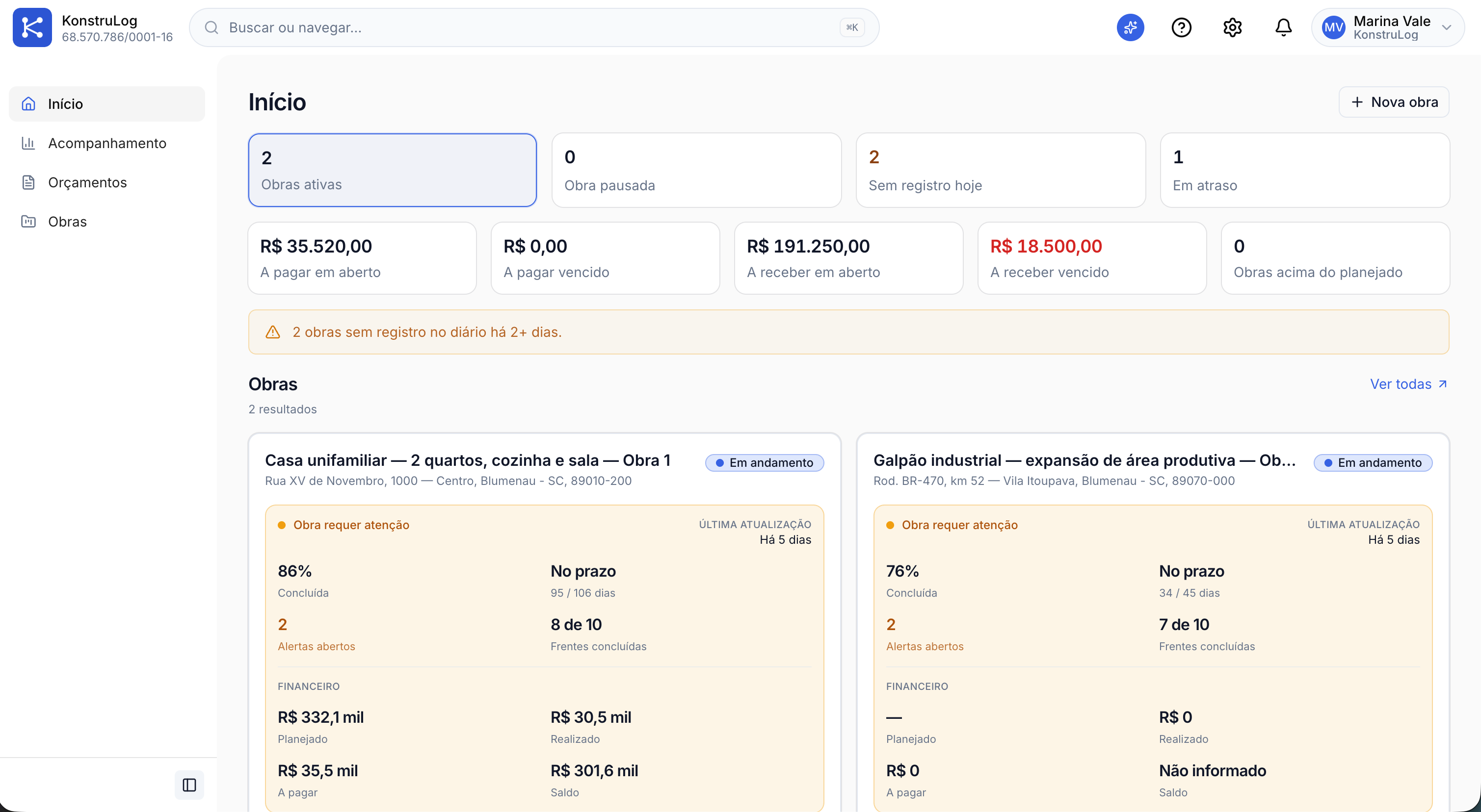 Dashboard do KonstruLog com obras ativas, financeiro e resumo das obras